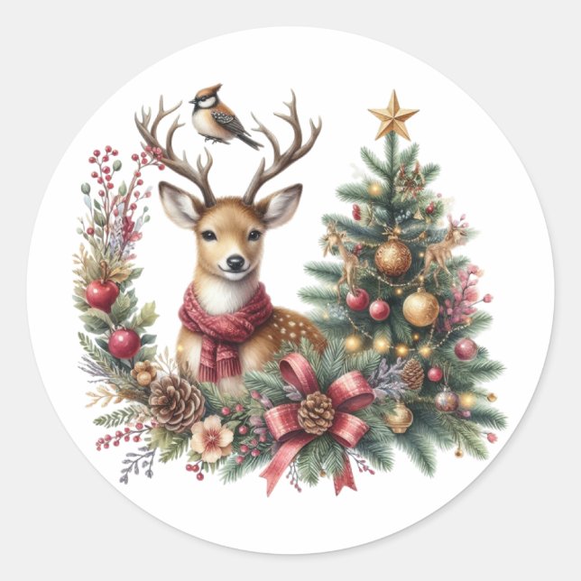 Pegatina Redonda Navidades de acuarela reno (Anverso)