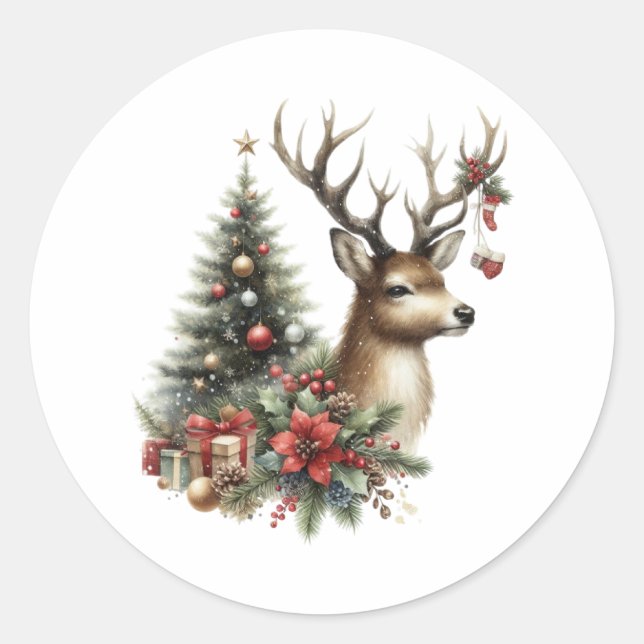 Pegatina Redonda Navidades de acuarela reno (Anverso)