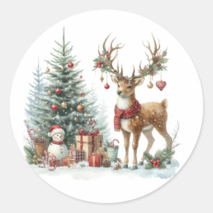 Pegatina Redonda Navidades de acuarela reno