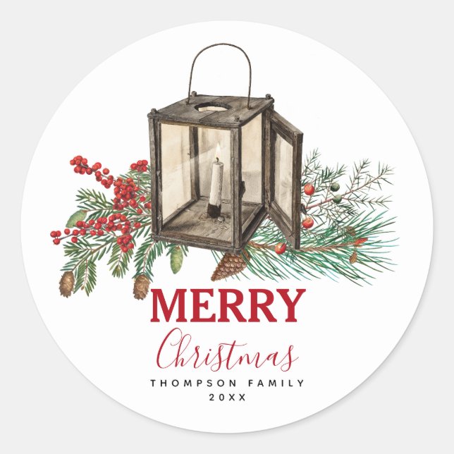 Pegatina Redonda Navidades de acuarela rusas Lantern Pine Berries (Anverso)
