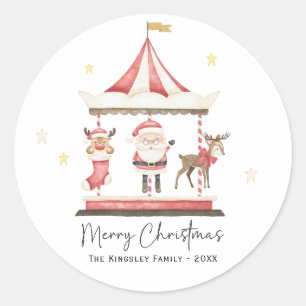 Pegatina Redonda Navidades de acuarela Santa Claus Carousel