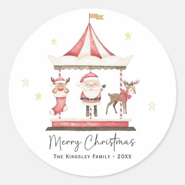 Pegatina Redonda Navidades de acuarela Santa Claus Carousel (Anverso)