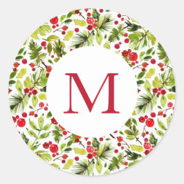 Pegatina Redonda Navidades de acuarela verdes y bayas