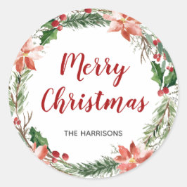Pegatina Redonda Navidades de acuarela Wreath Personalizado Holiday