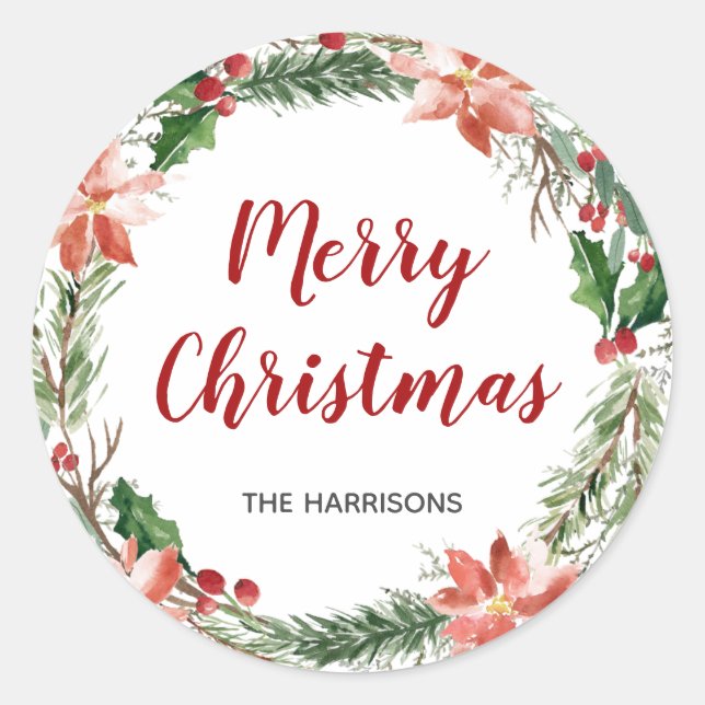 Pegatina Redonda Navidades de acuarela Wreath Personalizado Holiday (Anverso)