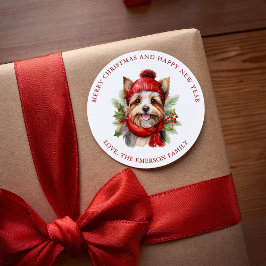 Pegatina Redonda Navidades de acuarela Yorkie Dog