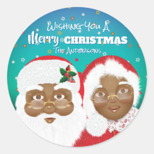 Pegatina Redonda Navidades de African American Santa y Mrs Claus