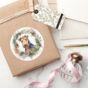 Pegatina Redonda Navidades de Airedale Wreath Festive Pup