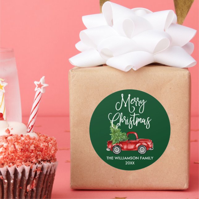 Pegatina Redonda Navidades de alfabetos caligráficos camionetas roj (Fiesta)