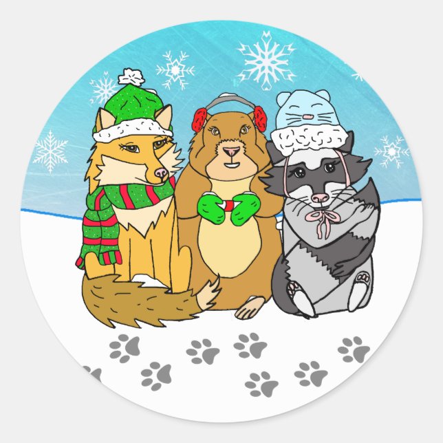 Pegatina Redonda Navidades de animales forestales de las criaturas  (Anverso)