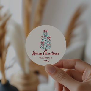 Pegatina Redonda Navidades de árbol de cintas dibujadas con la mano