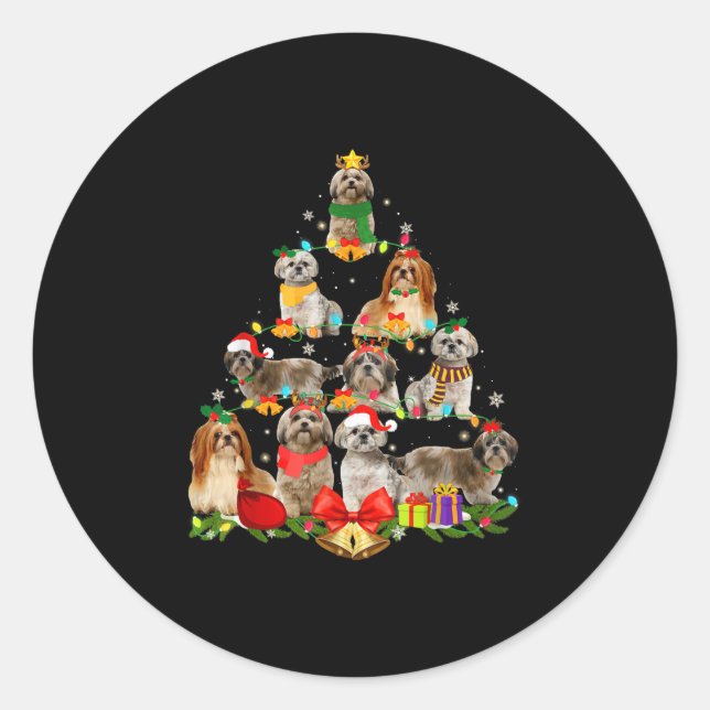 Pegatina Redonda navidades de árbol shih tzu con luz (Anverso)