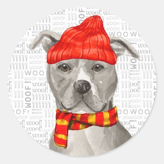 Pegatina Redonda Navidades de arte de Pit Bull Staffordshire y Woof (Anverso)