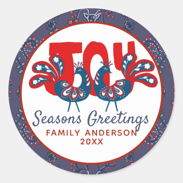 Pegatina Redonda Navidades de arte popular pájaro escandinavo azul  (Anverso)