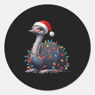 Pegatina Redonda Navidades de avestruz iluminan divertida Santa Hat