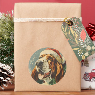 Pegatina Redonda Navidades de Basset Hound