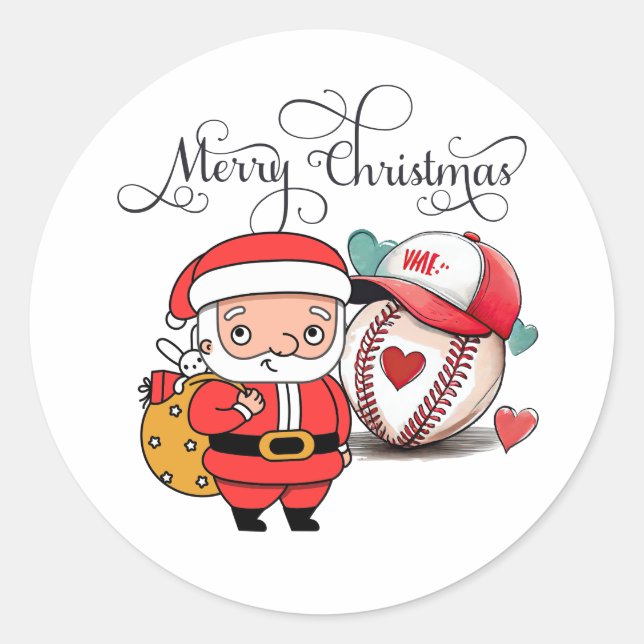 Pegatina Redonda Navidades de béisbol con Santa Claus (Anverso)
