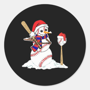 Pegatina Redonda Navidades de béisbol Snowman jugando al béisbol