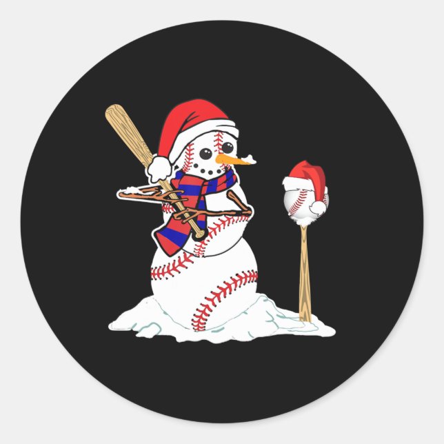 Pegatina Redonda Navidades de béisbol Snowman jugando al béisbol (Anverso)