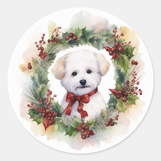 Pegatina Redonda Navidades de Bichon Frise Wreath Festimes Pup (Anverso)