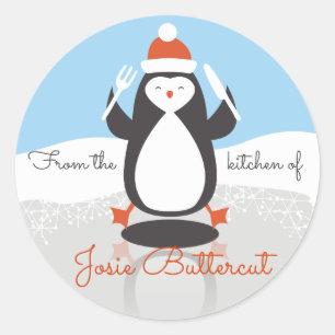 Pegatina Redonda Navidades de bifurcación de pingüino de la cocina
