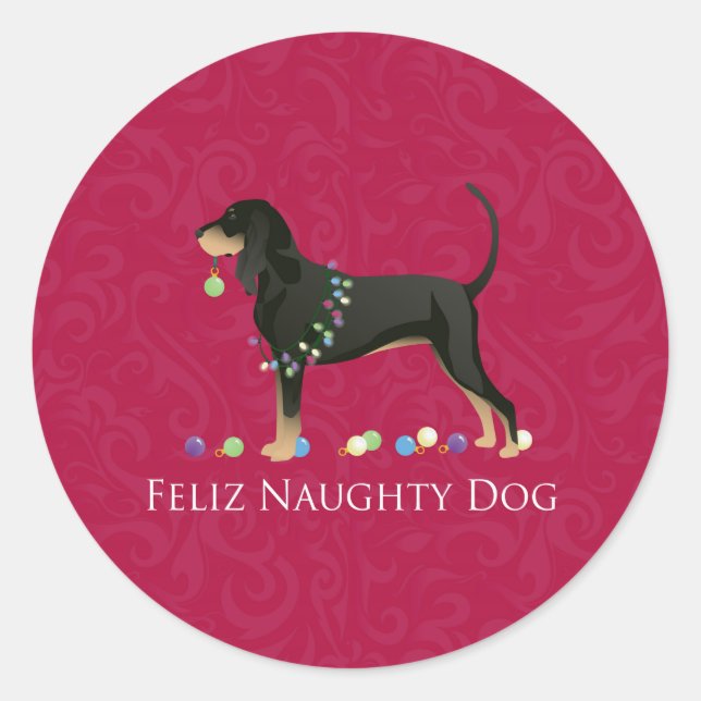 Pegatina Redonda Navidades de Black and Tan Coonhound (Anverso)