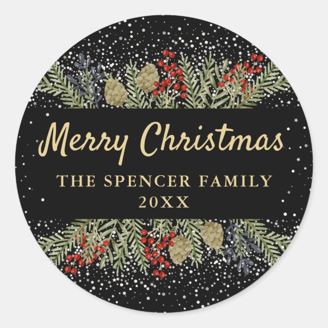 Pegatina Redonda Navidades de Black Gold Holly Berries (Anverso)