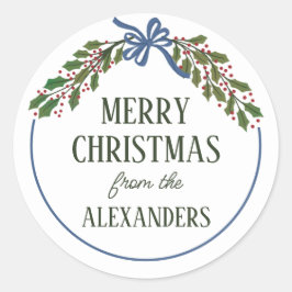 Pegatina Redonda Navidades de Blue Bow y Holly Garland