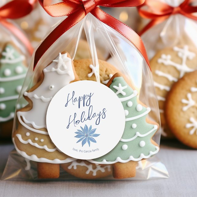 Pegatina Redonda Navidades de Blue Poinsettia Minimal Happy Holiday (Subido por el creador)