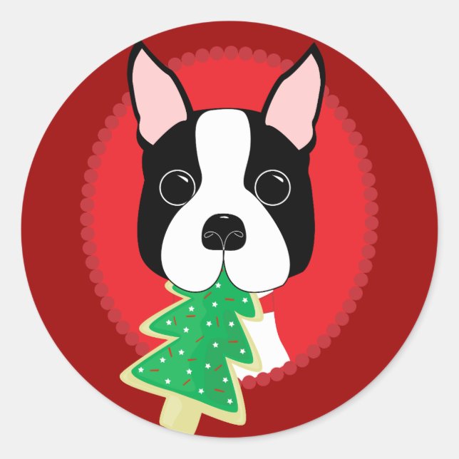 Pegatina Redonda Navidades de Boston Terrier (Anverso)