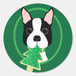 Pegatina Redonda Navidades de Boston Terrier