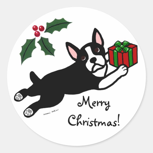 Pegatina Redonda Navidades de Boston Terrier 2 Personalizados (Anverso)