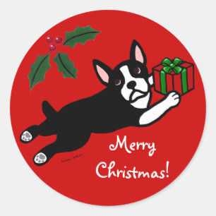 Pegatina Redonda Navidades de Boston Terrier 2 Personalizados