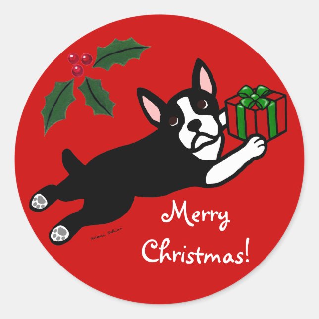 Pegatina Redonda Navidades de Boston Terrier 2 Personalizados (Anverso)