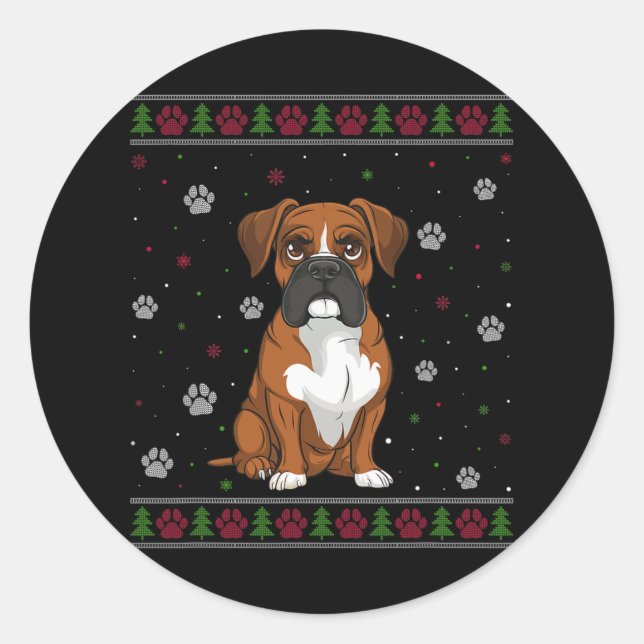 Pegatina Redonda Navidades de Boxeo Sweater Xmas Mascota Animal Dog (Anverso)