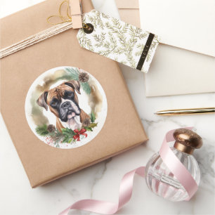 Pegatina Redonda Navidades de Boxer Wreath Festimes Pup