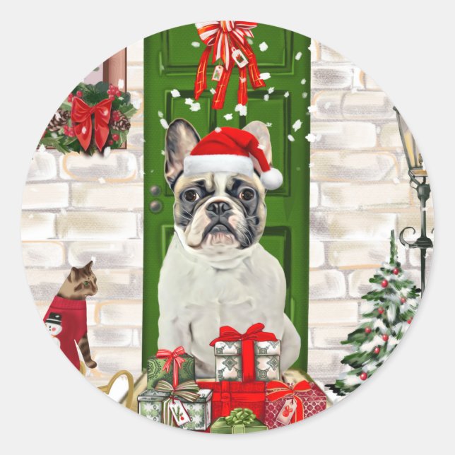 Pegatina Redonda Navidades de Bulldog de Francia (Anverso)