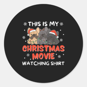 Pegatina Redonda Navidades de Bulldog francés en película viendo a 