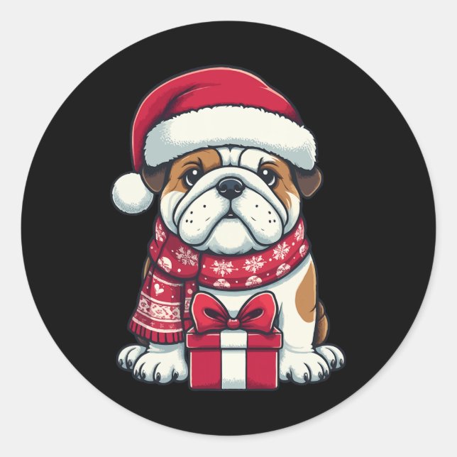 Pegatina Redonda Navidades De Bulldog Ingleses Cuidan A Santa Masco (Anverso)
