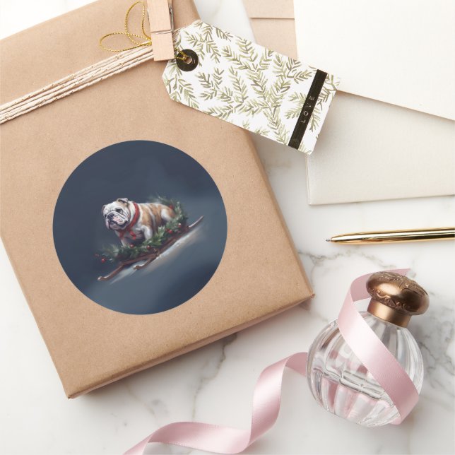Pegatina Redonda Navidades de bulldog nevan invierno (Regalar)