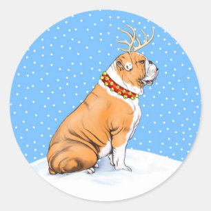 Pegatina Redonda Navidades de bulldog Reindeer Rojo y Blanco