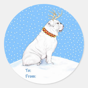 Pegatina Redonda Navidades de bulldog Reindeer White