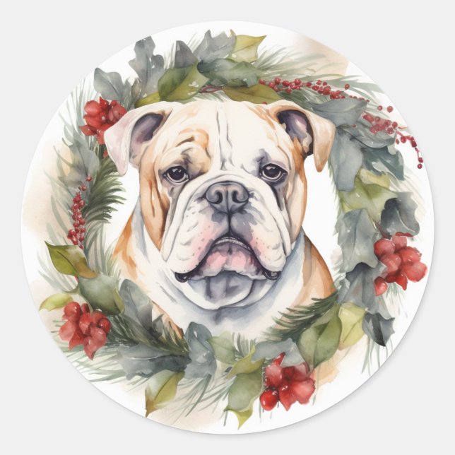 Pegatina Redonda Navidades de bulldog Wreath Festive Pup (Anverso)
