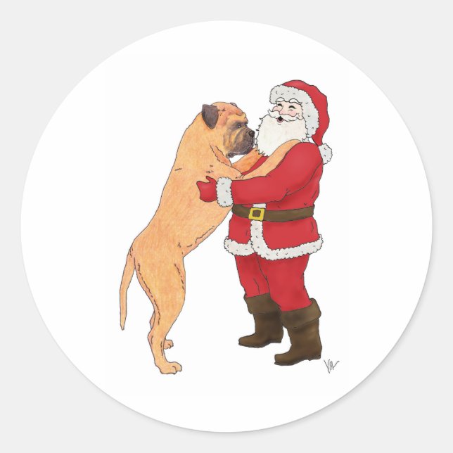 Pegatina Redonda Navidades de Bullmastiff Jowly saludan (Anverso)