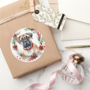 Pegatina Redonda Navidades de bullmastiff Wreath Festimes Pup
