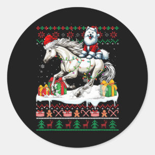 Pegatina Redonda Navidades de caballos de Santa Samoyed Sweater Lov