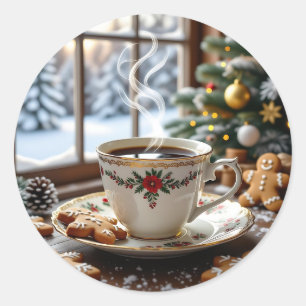 Pegatina Redonda Navidades de café y galletas de pan de jengibre