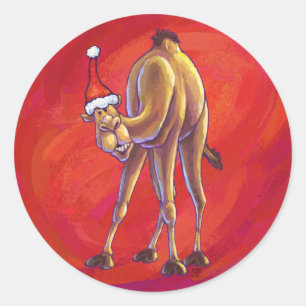 Pegatina Redonda Navidades De Camellos Cuidados En Rojo