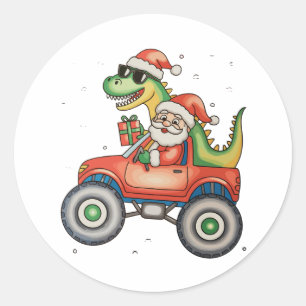 Pegatina Redonda Navidades de Camión Monstruo de Dinosaurios de San