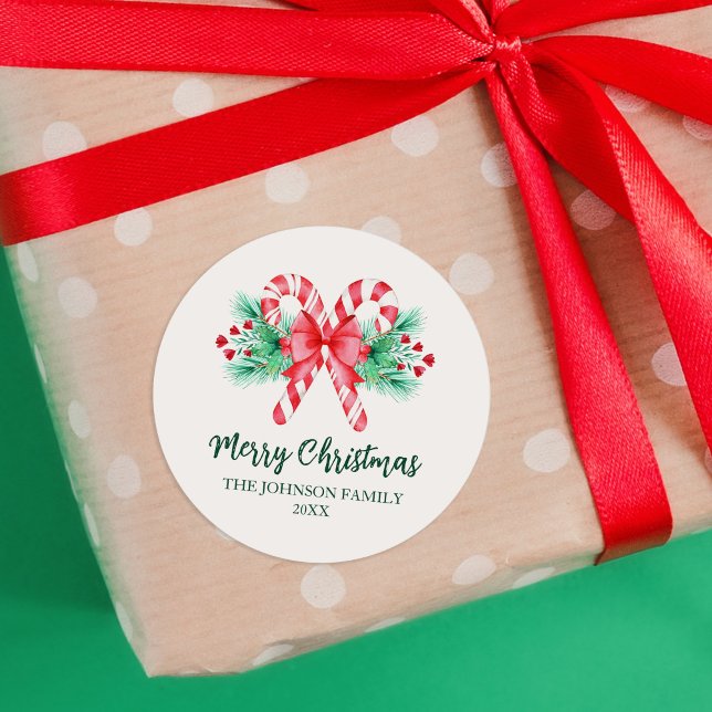 Pegatina Redonda Navidades de caña de candy de menta y de vaca (Peppermint Candy Canes and Bow Christmas Classic Round Sticker)